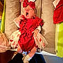 Mélodie participe au concours pour gagner de l'argent avec cette photo : baby, infant, yawning, red_outfit, bow, headband, cushion, blanket, sock, lying_down, indoor, newborn, cute, clothing, toddler, child, person, soft, sleepy, baby_girl