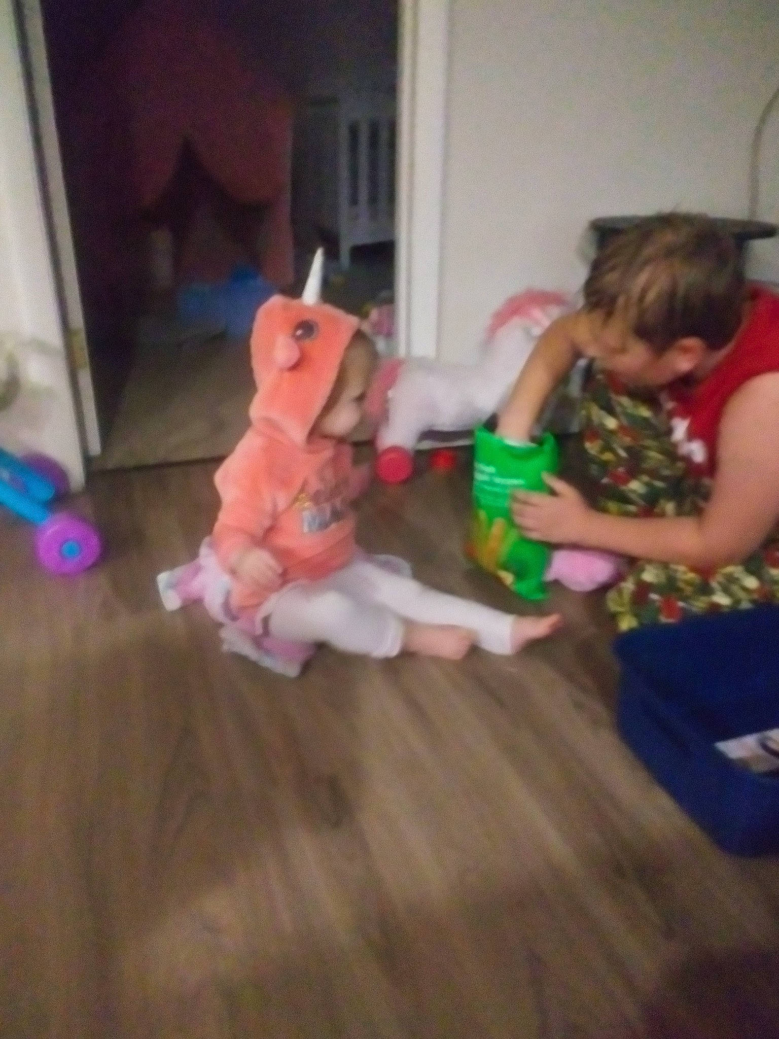 Abigail is registered to the contest to win money with this photo: baby, baby_toys, child, event, floor, flooring, fun, hardwood, laminate_flooring, lap, living_room, person, play, room, sitting, stuffed_toy, tail, toddler, toy, wood