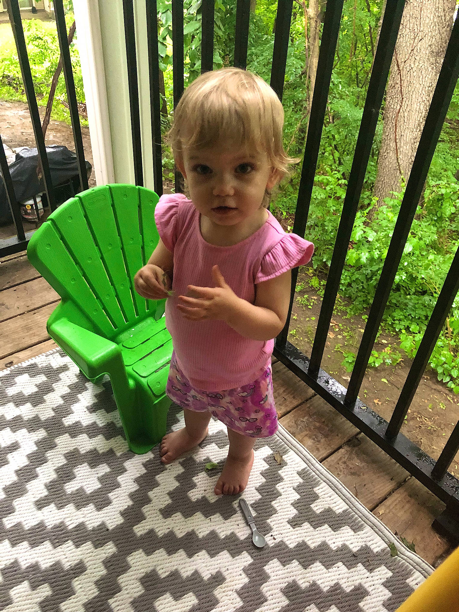 Abigail joined the competition — help win amazing prizes! baby, baby_toddler_clothing, child, fence, flooring, fun, grass, green, happy, human_leg, leisure, magenta, outdoor_furniture, people_in_nature, person, plant, snapshot, summer, tints_and_shades, toddler