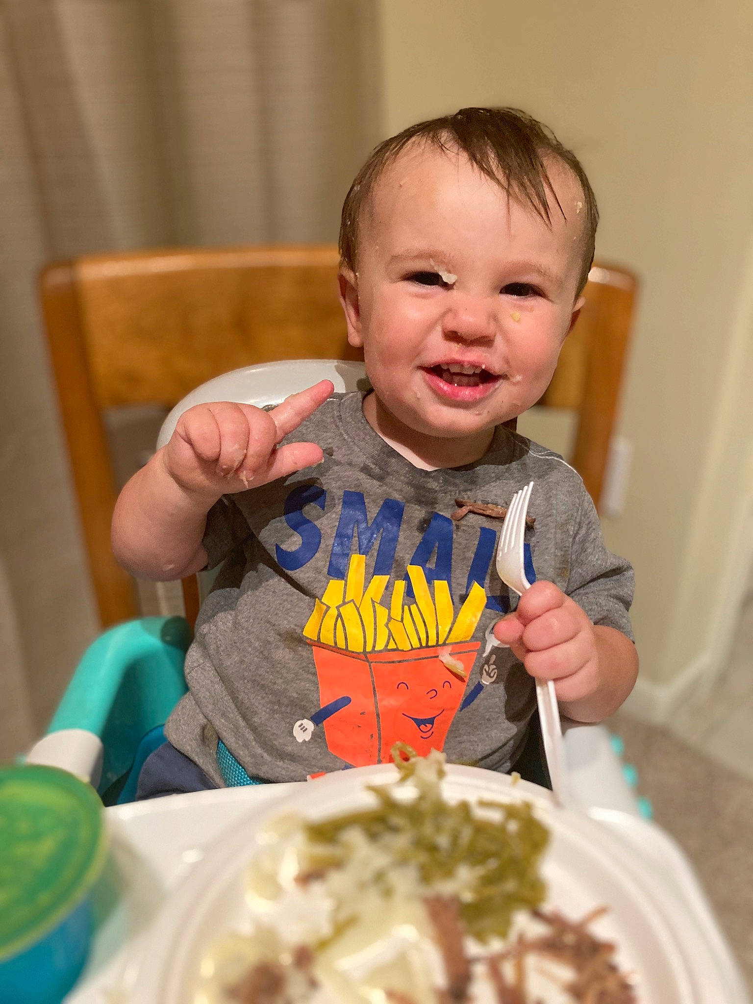 Benjamin joined the competition — help win amazing prizes! baby, baby_toddler_clothing, chair, child, comfort_food, cuisine, dish, food, food_craving, green, happy, ingredient, joy, person, plate, recipe, smile, sweetness, t_shirt, table