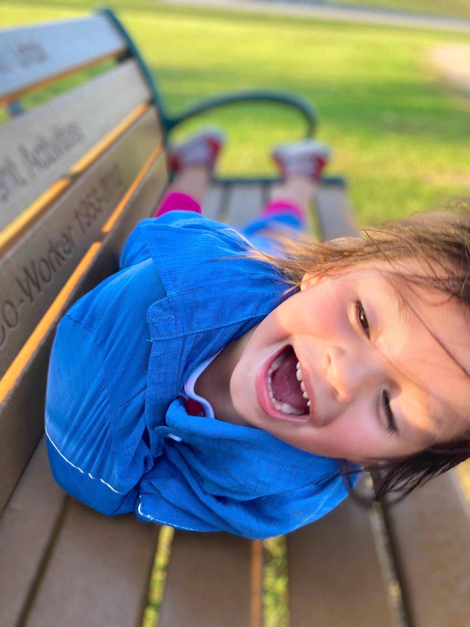 Xena joined the competition — help win amazing prizes! baby, baby_products, baby_toddler_clothing, backpack, bench, child, electric_blue, fun, grass, happy, laugh, leisure, person, play, portrait_photography, recreation, room, sitting, smile, toddler