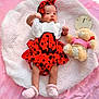 baby, infant, ladybug_costume, headband, pink_booties, teddy_bear, soft_toy, white_blanket, pink_bedspread, month_marker, child, cute, lying_down, indoors, portrait, adorable, newborn, clothing, baby_fashion, resting