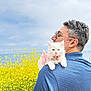 Yuki joined the competition — help win amazing prizes! man, cat, kitten, heterochromia, white_cat, shoulder, sunglasses, blue_shirt, yellow_flowers, field, outdoor, nature, cloudy_sky, pet, animal, portrait, fluffy, cute, spring, daytime
