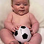 Myles is registered to the contest to win money with this photo: baby, infant, child, soccer_ball, toy, bare_skin, drool, sitting, cute, chubby, soft, light_background, hands, feet, expression, indoor, portrait, small_ball, holding, playful