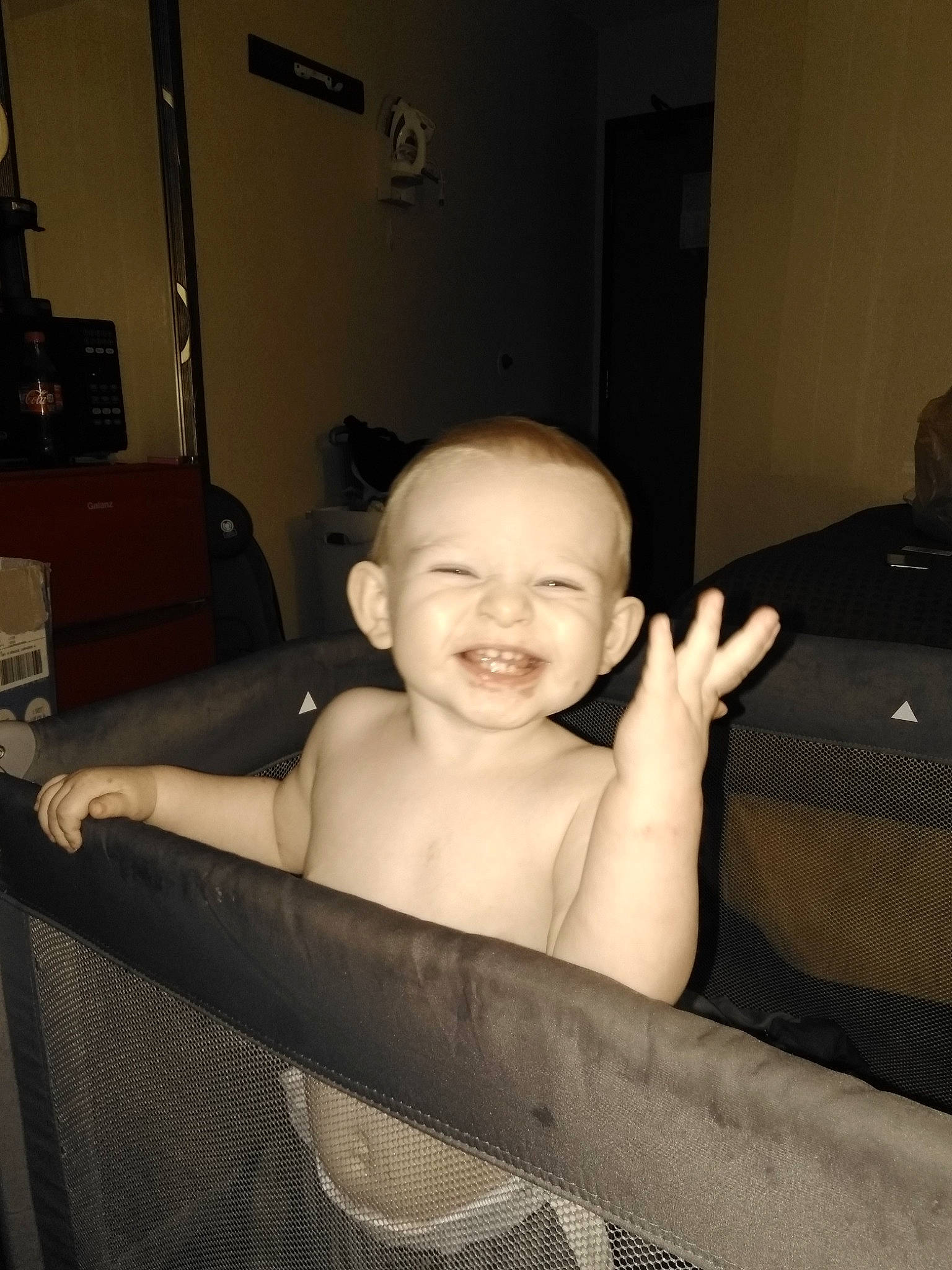 Carsyn is registered to the contest to win money with this photo: baby, cheek, chest, child, chin, comfort, eyebrow, flash_photography, flooring, fun, hand, happy, human_body, iris, joy, monochrome, monochrome_photography, person, sitting, smile