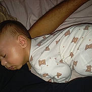 Raith a rejoint le concours — aidez-le/la à gagner de superbes lots ! baby, sleeping, onesie, teddy_bear_pattern, bed, pillow, arm, infant, child, soft, cozy, blanket, rest, cute, peaceful, face, head, person, indoor, nap