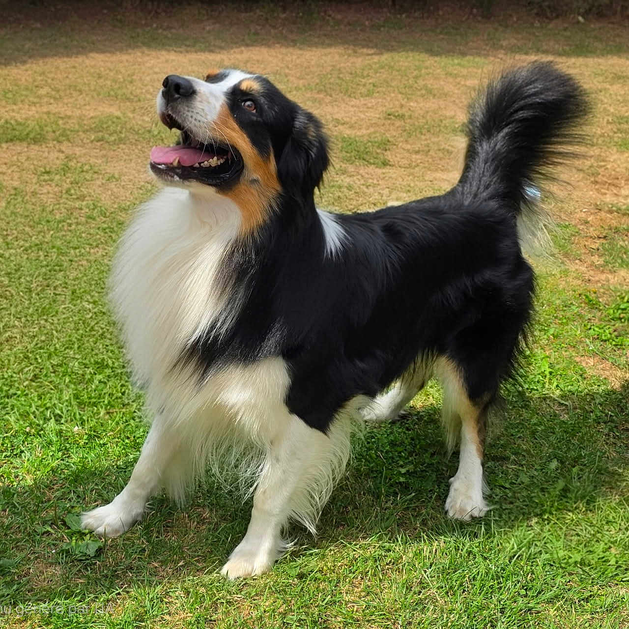 Taho participe au concours pour gagner de l'argent avec cette photo : animal, black, canine, collar, daylight, dog, ears, fur, grass, happy, mammal, nature, outdoor, pet, playful, standing, tail, tan, tongue, white