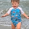 toddler, child, beach, ocean, water, waves, swimsuit, blue, splashing, barefoot, happy, smiling, summer, outdoor, sand, playful, cute, person, vacation, nature