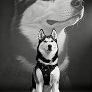 Vigo participe au concours pour gagner de l'argent avec cette photo : husky, dog, portrait, black_and_white, animal, pet, sitting, harness, studio, noble, close_up, background, fur, ears, snout, eyes, canine, monochrome, studio_lighting, pose