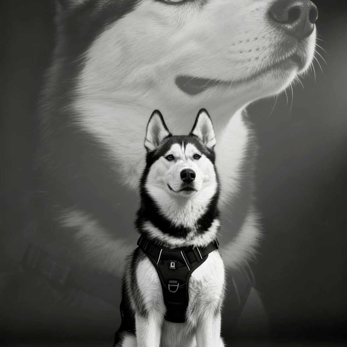 Vigo participe au concours pour gagner de l'argent avec cette photo : husky, dog, portrait, black_and_white, animal, pet, sitting, harness, studio, noble, close_up, background, fur, ears, snout, eyes, canine, monochrome, studio_lighting, pose
