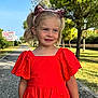 blonde_hair, blue_sky, casual_clothing, cat_ears, child, girl, greenery, happy, headband, nature, outdoor, path, pigtails, portrait, red_dress, smile, summer, sunlight, trees, young
