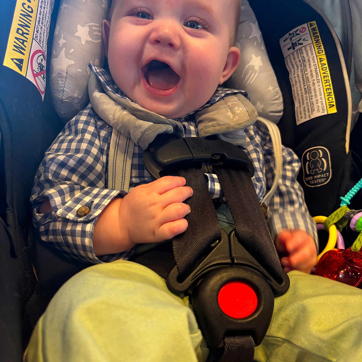 Mason joined the competition — help win amazing prizes! baby, babylaughing, bodypart, car, car_interior, clothing, coat, face, finger, hand, happy, head, jacket, laughing, pants, person, photography, portrait, transportation, vehicle
