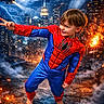 Riley is registered to the contest to win money with this photo: child, spiderman, superhero, costume, boy, portrait, cityscape, night, moon, helicopter, lightning, explosion, smoke, skyscrapers, action_pose, comic_book, red_and_blue, barefoot, dramatic_lighting, fantasy