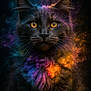 cat, black_cat, animal, portrait, close_up, cosmic, nebula, colorful, glowing_eyes, space, fantasy, fur, whiskers, mystical, dark_background, vibrant_colors, orange, purple, blue, majestic