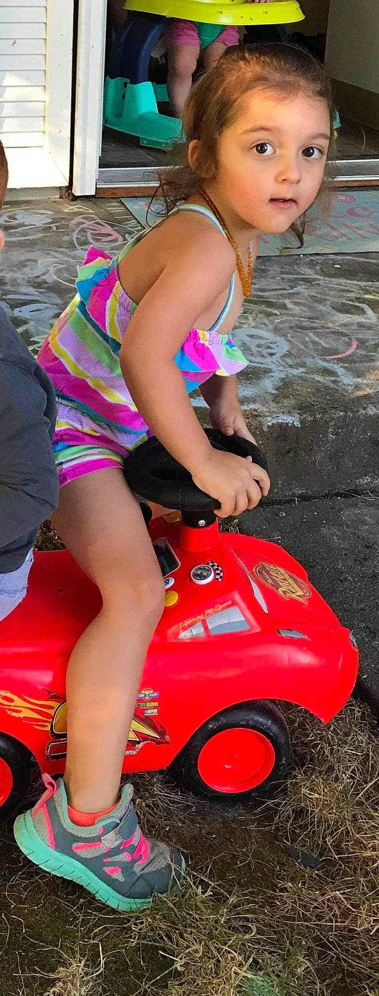Rosalina joined the competition — help win amazing prizes! car, child, fun, human_body, human_leg, leg, person, pink, play, riding_toy, thigh, toddler, toy, vehicle