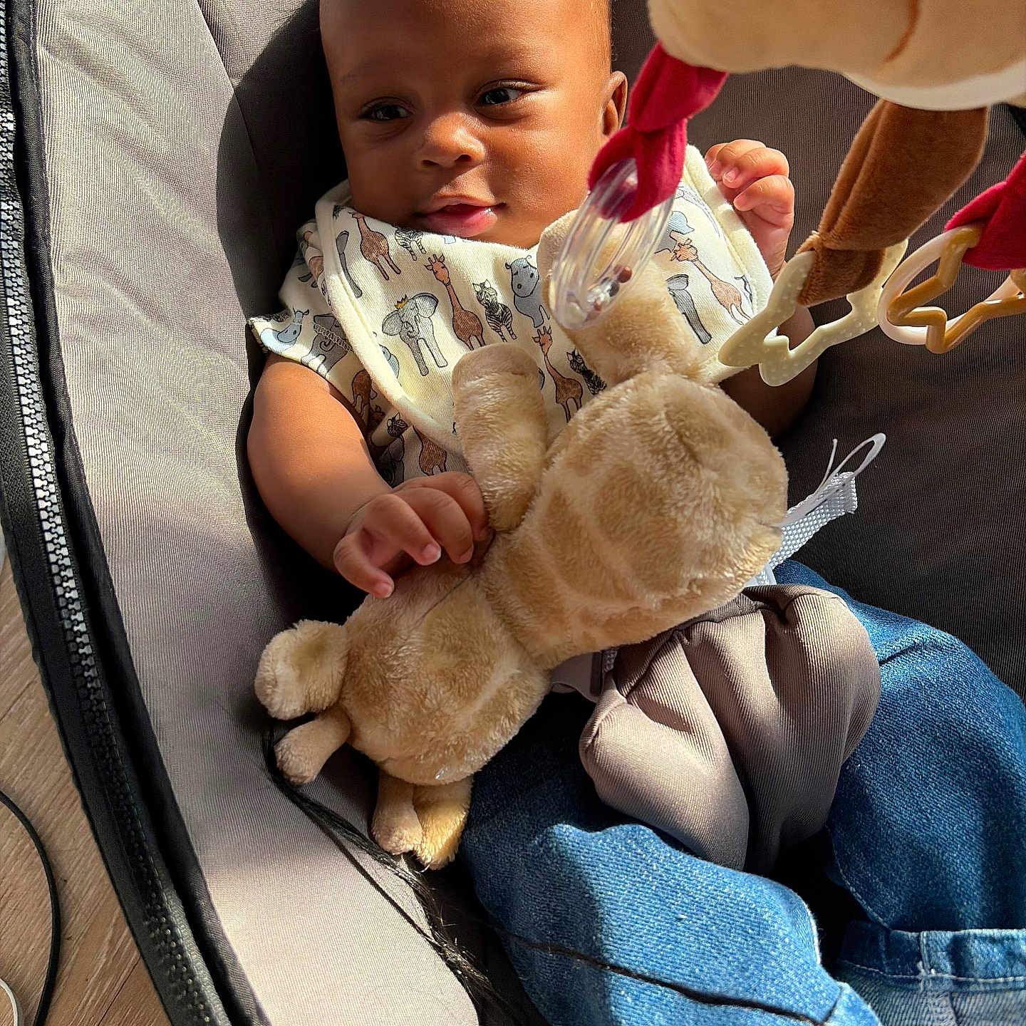 Omeer is registered to the contest to win money with this photo: baby, infant, child, car_seat, plush_toy, giraffe, toy, bib, smiling, sitting, portrait, face, sunlight, indoor, clothing, denim, safety_harness, baby_gear, cozy, photography