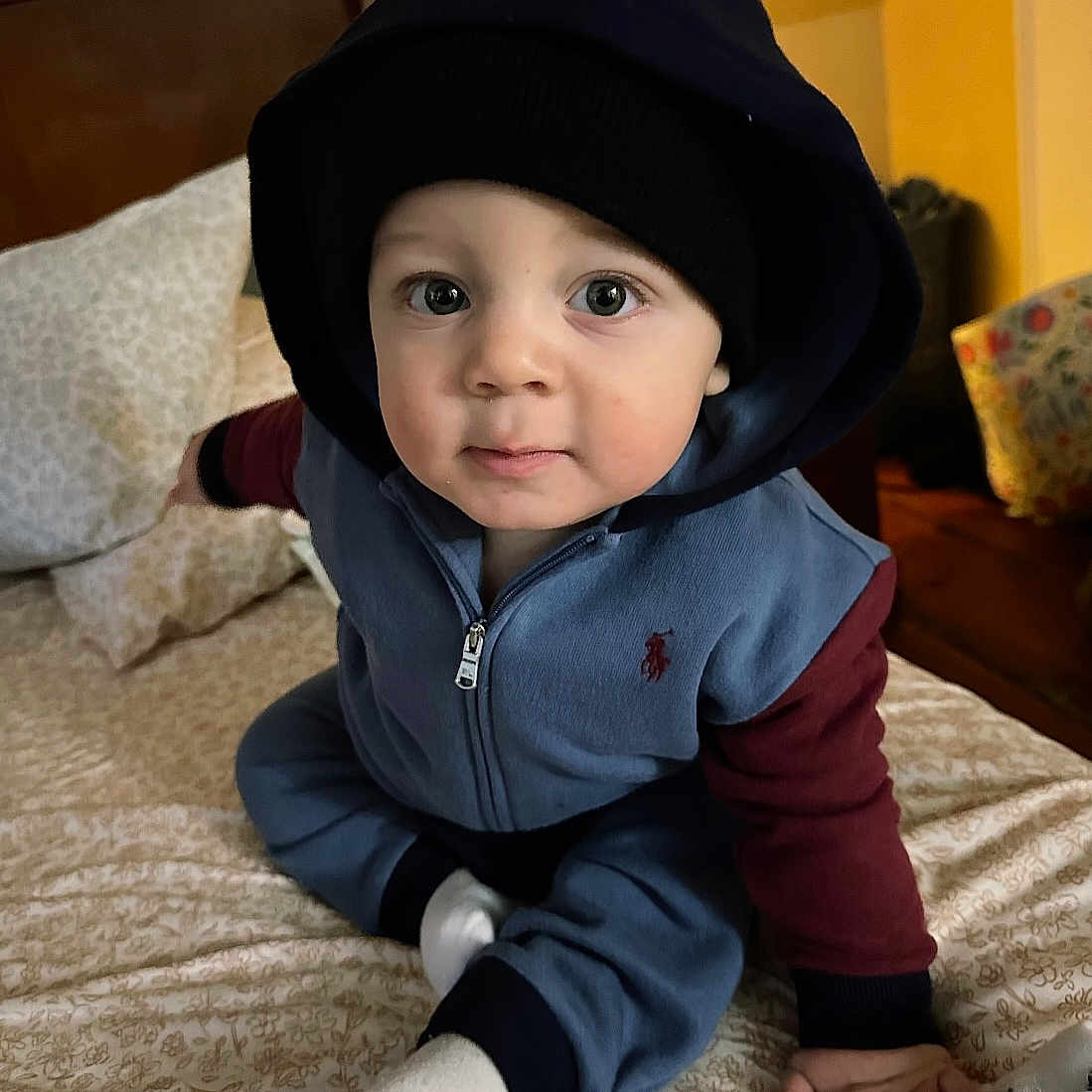 Grayson joined the competition — help win amazing prizes! baby, bodypart, bonnet, cap, clothing, face, finger, hand, hat, head, hood, hoodie, hosiery, knitwear, person, photography, portrait, sock, sweater, sweatshirt
