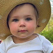 Loralei is registered to the contest to win money with this photo: baby, child, closeup, cute, daisies, face, greenery, hat, headwear, innocence, nature, outdoor, person, portrait, straw_hat, summer, sunlight, toddler, white_shirt, young_child