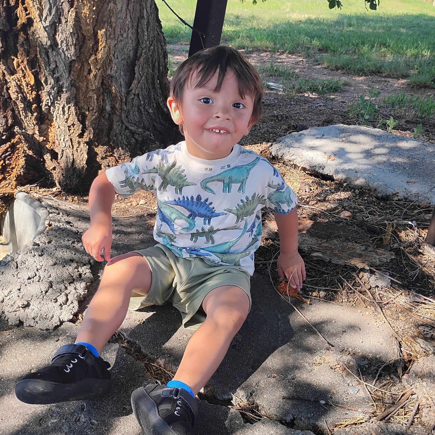 Noah Carter joined the competition — help win amazing prizes! black_shoes, boy, casual_clothing, child, concrete, cracks, dinosaur_shirt, grass, happy, nature, outdoor, park, playful, shade, shorts, smiling, summer, sunlight, tree, young_child