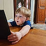 Dryker joined the competition — help win amazing prizes! toddler, child, tablet, wooden_table, indoor, blue_shirt, curious, surprised, blonde_hair, light_skin, hands, face, cabinet, home_interior, decor, eagle_statue, floor, wall, furniture, technology
