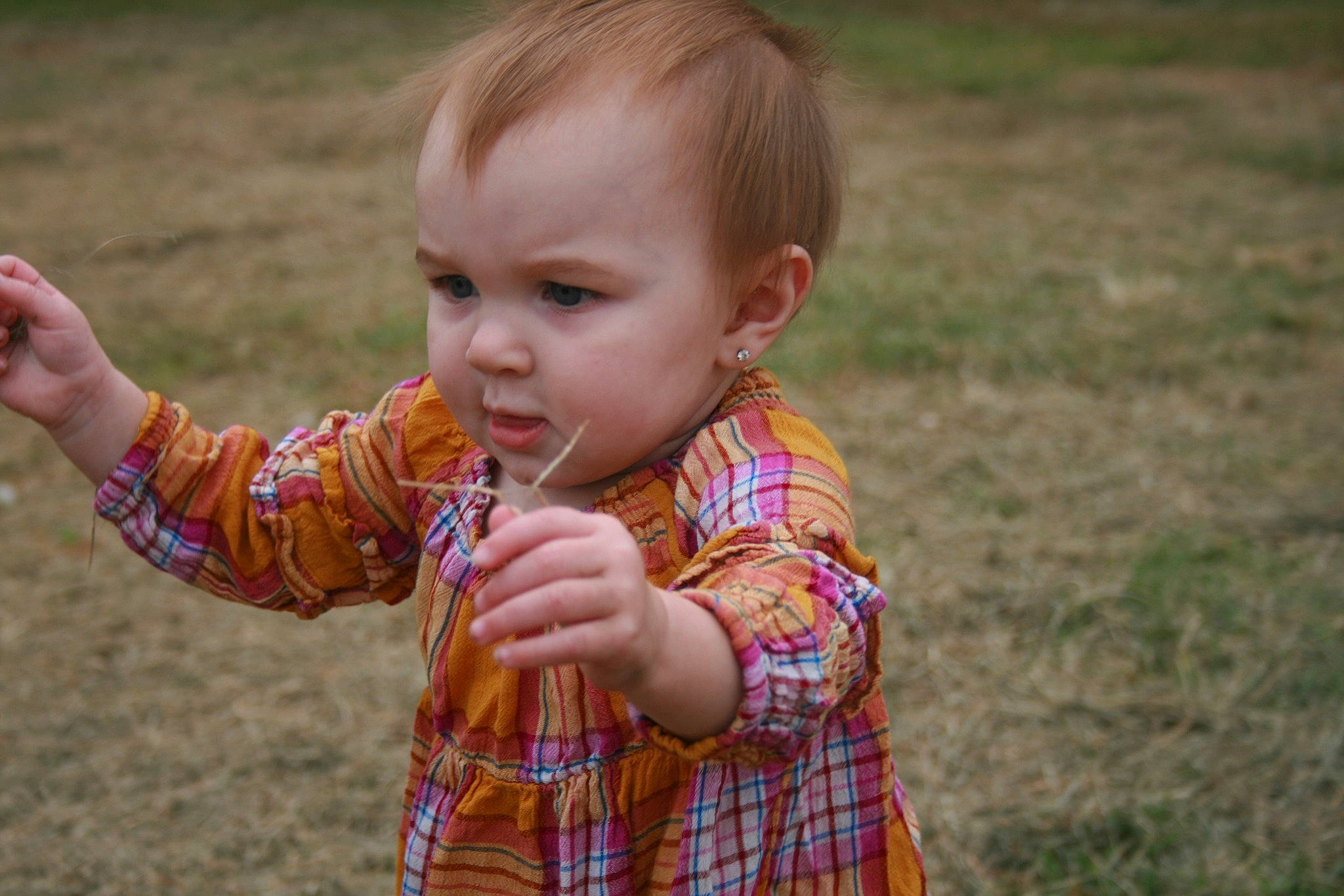 Aurora is registered to the contest to win money with this photo: baby, baby_toddler_clothing, dress, gesture, grass, grass_family, hand, happy, iris, leisure, nose, people_in_nature, person, plaid, plant, shirt, skin, t_shirt, tartan, thumb