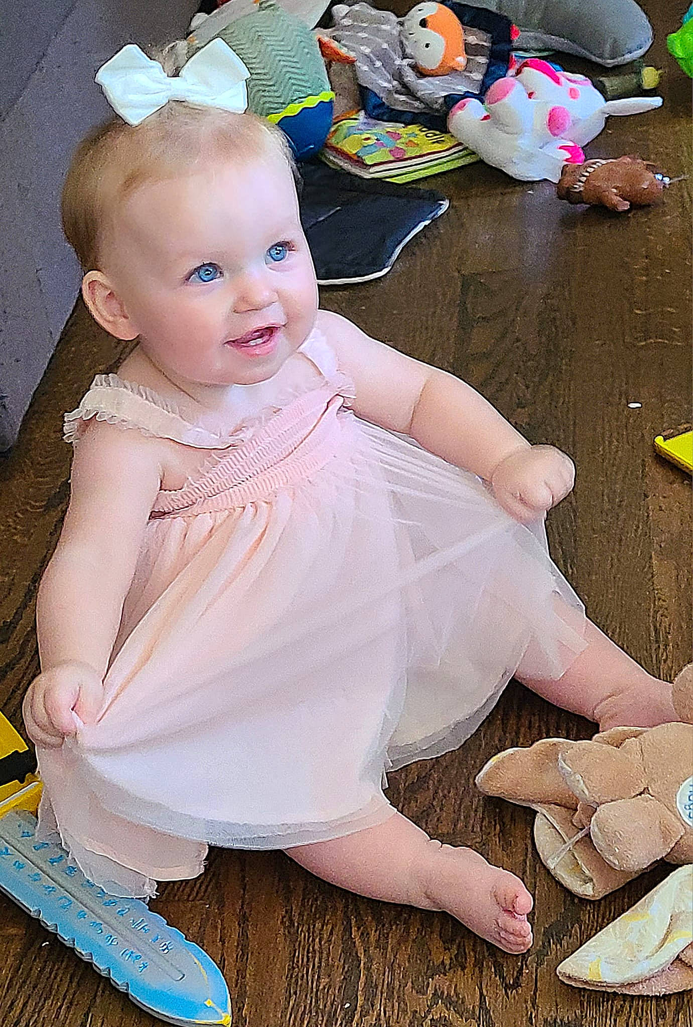 Cassidy joined the competition — help win amazing prizes! baby, baby_toddler_clothing, bridal_accessory, child, dress, embellishment, event, flash_photography, fun, happy, headgear, headpiece, person, pink, product, sitting, skin, smile, textile, toddler