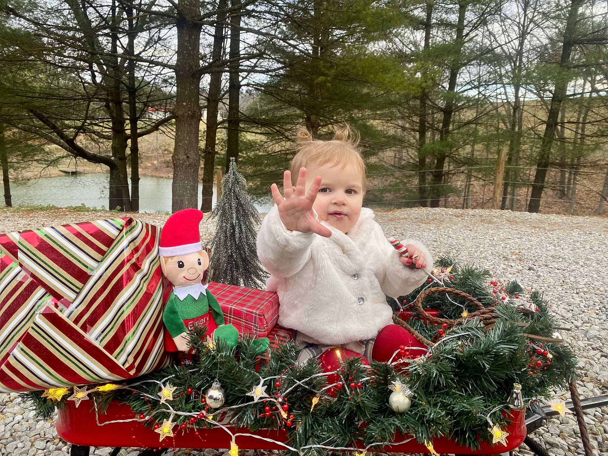 Emery joined the competition — help win amazing prizes! baby, child, christmas_decoration, christmas_ornament, christmas_tree, event, fun, grass, happy, holiday, holiday_ornament, lap, ornament, people_in_nature, person, plant, santa_claus, sitting, toddler, tree