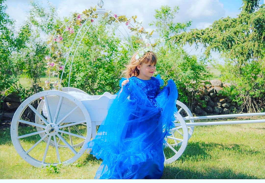 Kinlee joined the competition — help win amazing prizes! blue, carriage, dress, fun, grass, happy, leisure, person, product, smile, vehicle, wheel, wheelchair