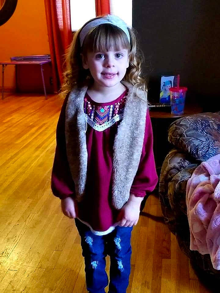 Kinlee is registered to the contest to win money with this photo: blurred, child, child_model, clothing, costume, fashion_accessory, fur, hair_coloring, jacket, long_hair, magenta, outerwear, person, purple, scarf, tights, toddler, violet