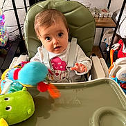 Gabriella participe au concours pour gagner de l'argent avec cette photo : baby, blurred_toy, child, clothing, curious, cute, expression, face, furniture, green_chair, hands, high_chair, household_items, indoor, person, plush_toy, shelf, sitting, toy, tray