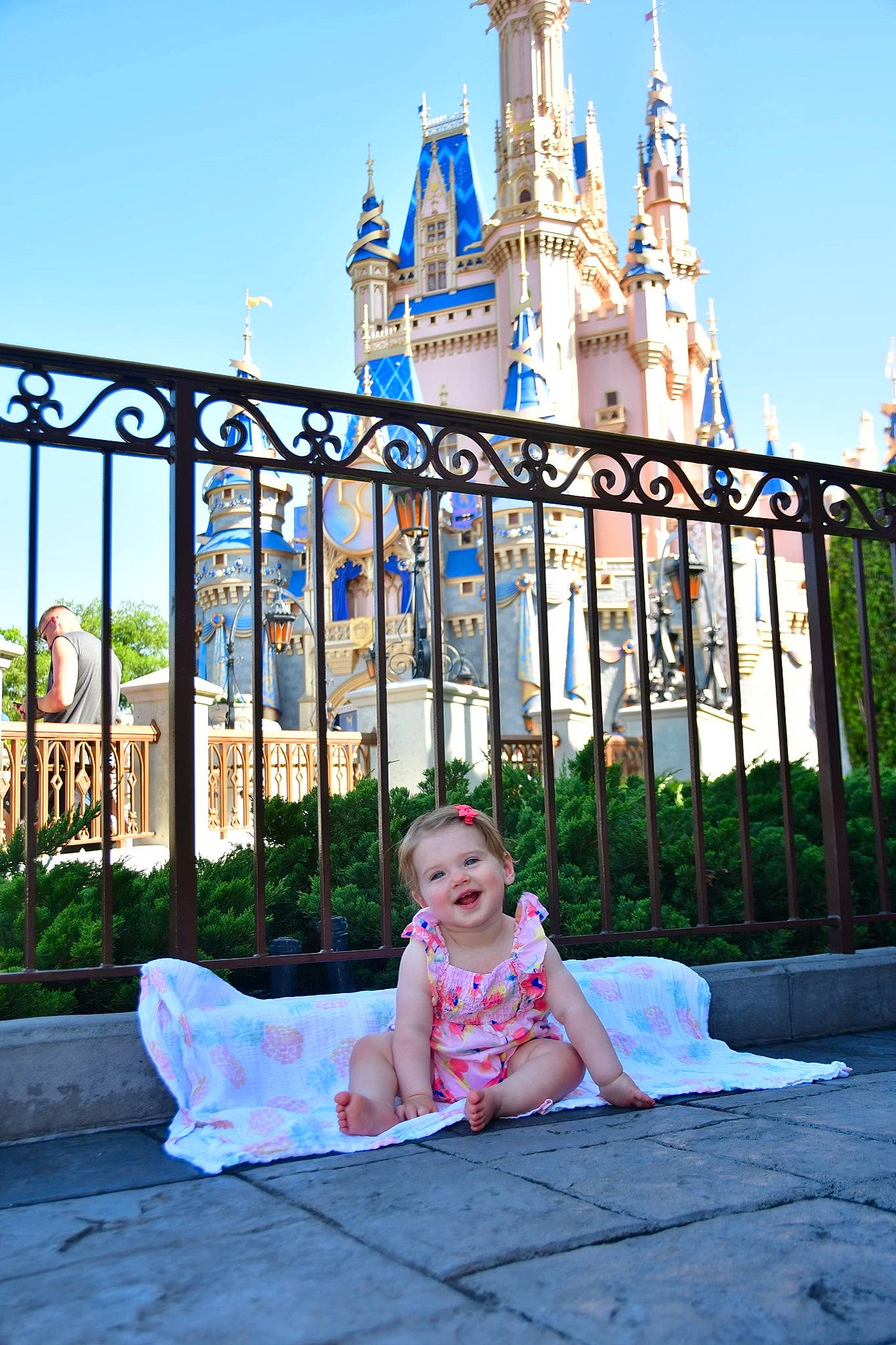 Lilyana is registered to the contest to win money with this photo: baby, building, city, facade, fence, finial, fun, grass, happy, house, joy, leisure, person, plant, recreation, sky, summer, toddler, travel, tree