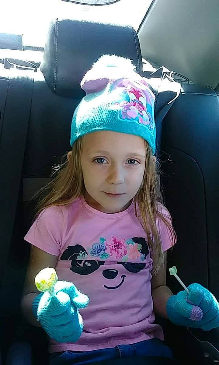 M'Kenzie joined the competition — help win amazing prizes! blue, cap, child, cool, day, eye, fashion_accessory, fun, girl, hair, hat, headgear, headwear, human_hair_color, infant, person, pink, product, purple, skin