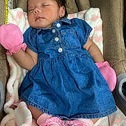 Ailany joined the competition — help win amazing prizes! baby, sleeping, denim_dress, pink_mittens, pink_socks, blanket, car_seat, infant, cute, soft_texture, cozy, child, face, clothing, resting, indoor, adorable, newborn, peaceful, portrait