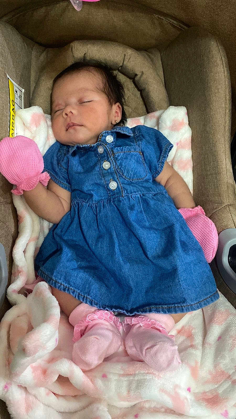 Ailany joined the competition — help win amazing prizes! baby, sleeping, denim_dress, pink_mittens, pink_socks, blanket, car_seat, infant, cute, soft_texture, cozy, child, face, clothing, resting, indoor, adorable, newborn, peaceful, portrait