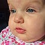 baby, close_up, face, blue_eyes, chubby_cheeks, floral_clothing, infant, portrait, skin, eyelashes, cute, child, person, soft_light, indoors, young, expression, head, cheeks, clothing