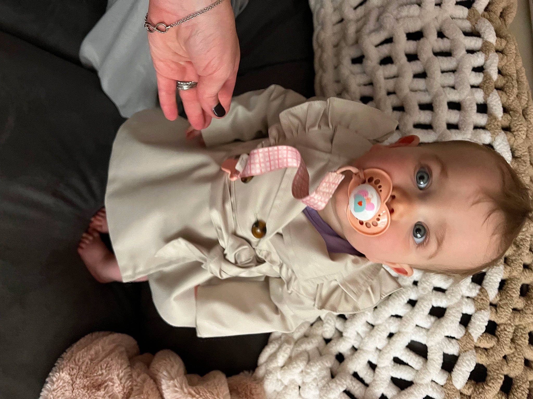 Sadie is registered to the contest to win money with this photo: baby, baby_products, baby_toddler_clothing, cheek, child, comfort, eyelash, fur, hand, happy, human_body, linens, mouth, nail, nose, person, room, skin, smile, toddler