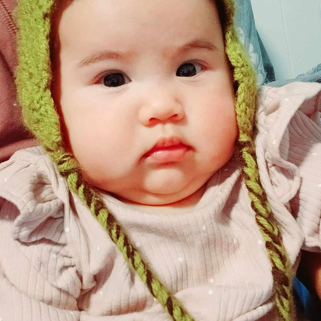 Beatrice joined the competition — help win amazing prizes! baby, beanie, bonnet, cap, clothing, coat, costume, face, hat, head, hood, hoodie, jacket, knitwear, newborn, person, photography, portrait, sweater, sweatshirt