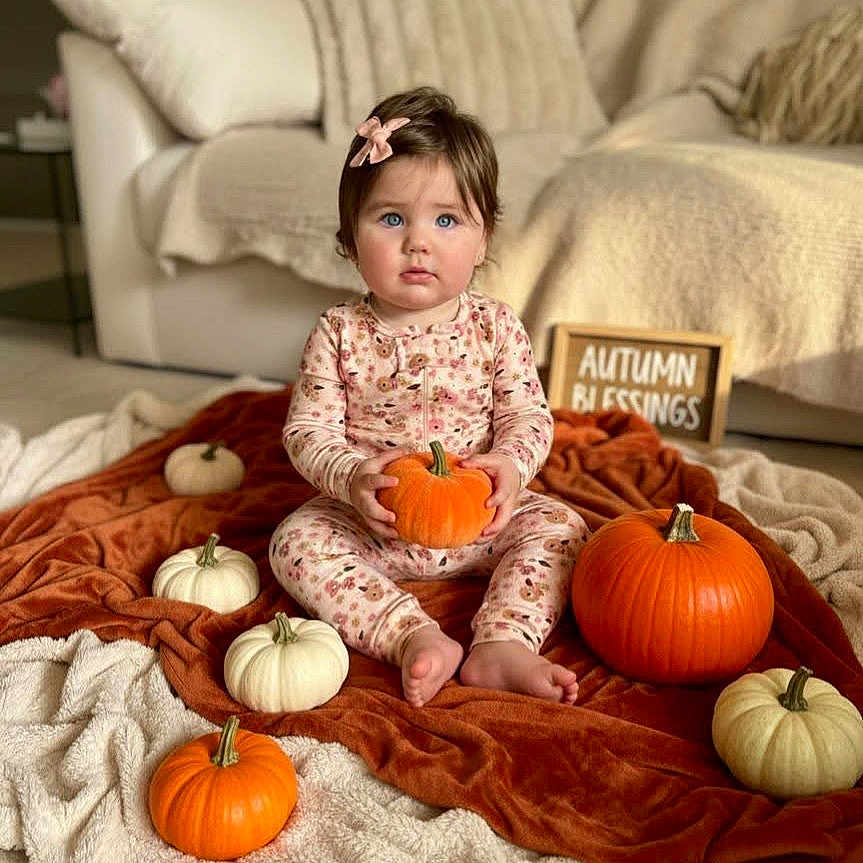 Mila joined the competition — help win amazing prizes! baby, toddler, child, pumpkin, orange, white_pumpkin, blanket, autumn, seasonal, cozy, indoor, floor, sign, clothing, pink_bow, sitting, cute, face, person, home