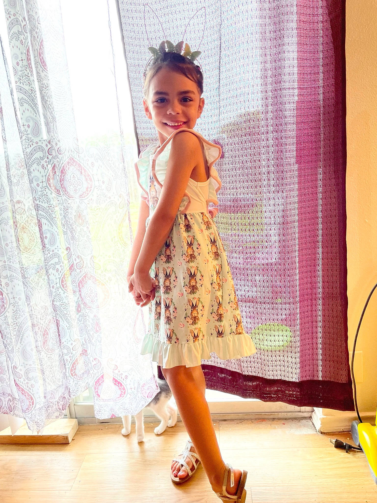 Annalee joined the competition — help win amazing prizes! day_dress, dress, fashion_design, fawn, flooring, formal_wear, happy, human_leg, joy, leg, magenta, one_piece_garment, pattern, person, pink, sandal, shoulder, smile, thigh, vintage_clothing