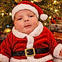 baby, child, christmas, santa_claus_costume, holiday, festive, red_clothing, white_fur_trim, belt, hat, christmas_tree, ornaments, lights, indoors, cute, infant, portrait, seasonal, celebration, holiday_decorations
