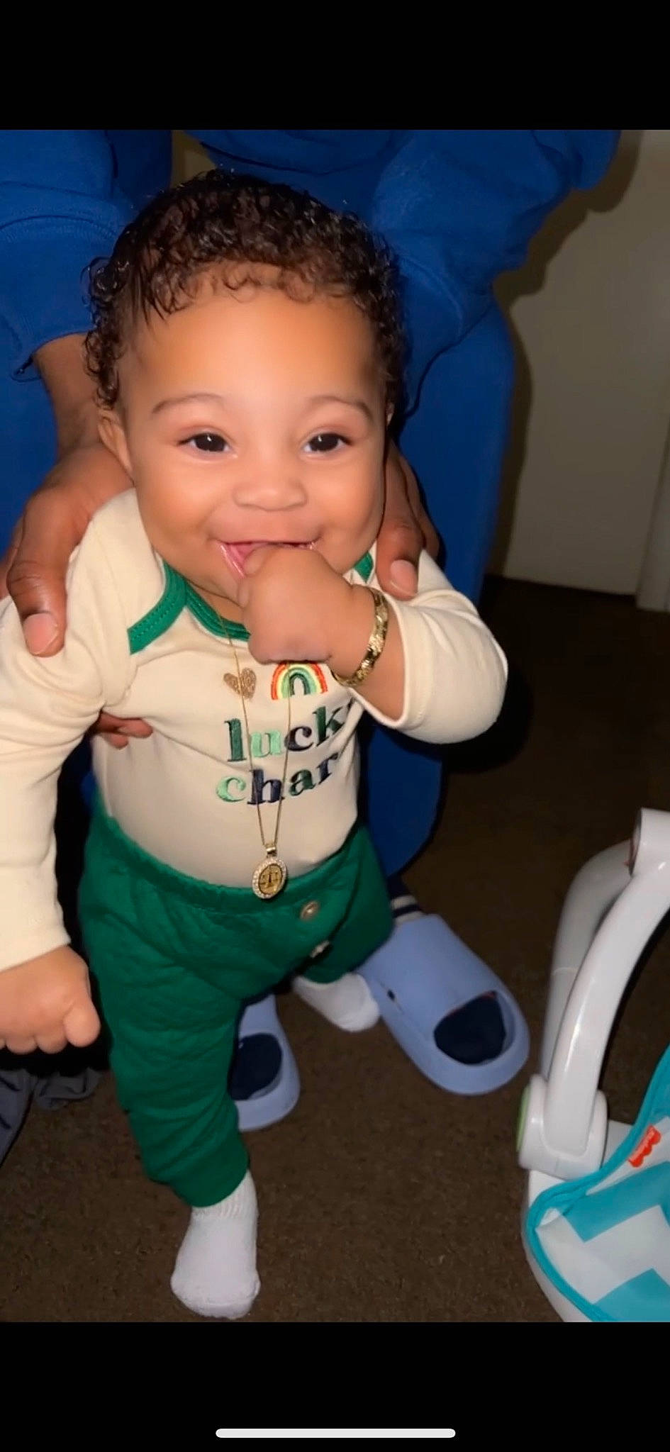 Londyn joined the competition — help win amazing prizes! arm, baby, baby_toddler_clothing, blue, cheek, child, chin, finger, flooring, fun, gesture, hair, happy, head, joy, nose, person, skin, sleeve, smile