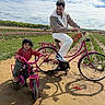 Rishaan is registered to the contest to win money with this photo: bicycle, casual_clothing, child, clouds, daylight, dirt_path, family, field, flowers, fun, greenery, man, nature, outdoor, pink_bicycle, playing, recreation, sky, smiling, tulips