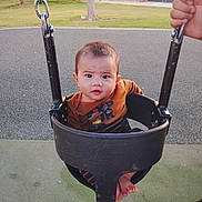 Ethan is registered to the contest to win money with this photo: baby, child, swing, playground, park, outdoor, grass, tree, fence, person, hand, foot, clothing, chain, seat, expression, face, curious, daylight, recreation