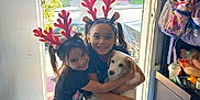 Mello is registered to the contest to win money with this photo: backpack, child, clothing, cute, daylight, dog, door, family, floor, happy, home, hug, indoor, plastic_bottles, puppy, reindeer_antlers, sitting, smile, toy, window