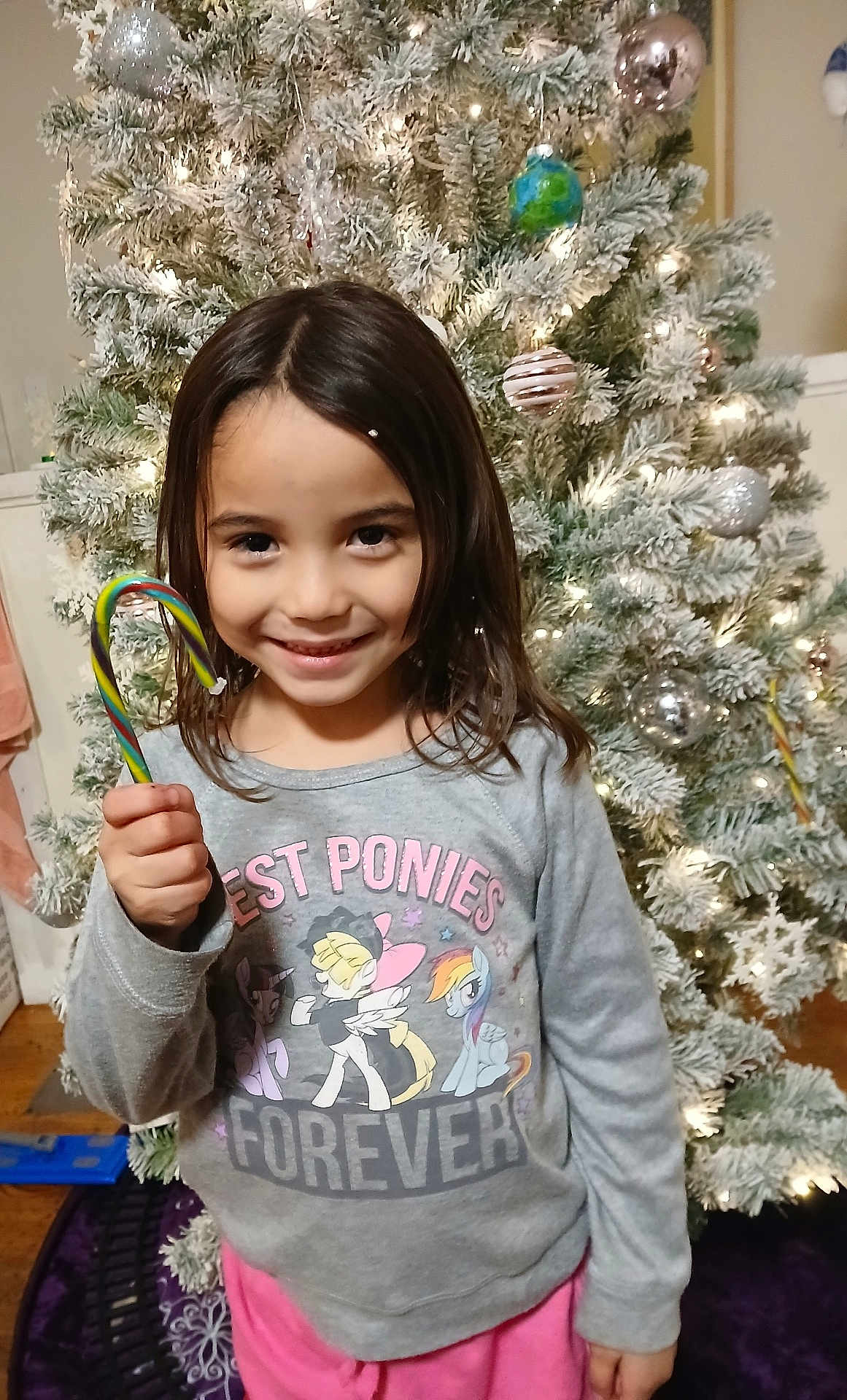 Vanessa is registered to the contest to win money with this photo: child, girl, smiling, candy_cane, christmas_tree, holiday, decorations, ornaments, lights, sweater, ponies, indoor, festive, happy, young, person, long_hair, celebration, winter, home