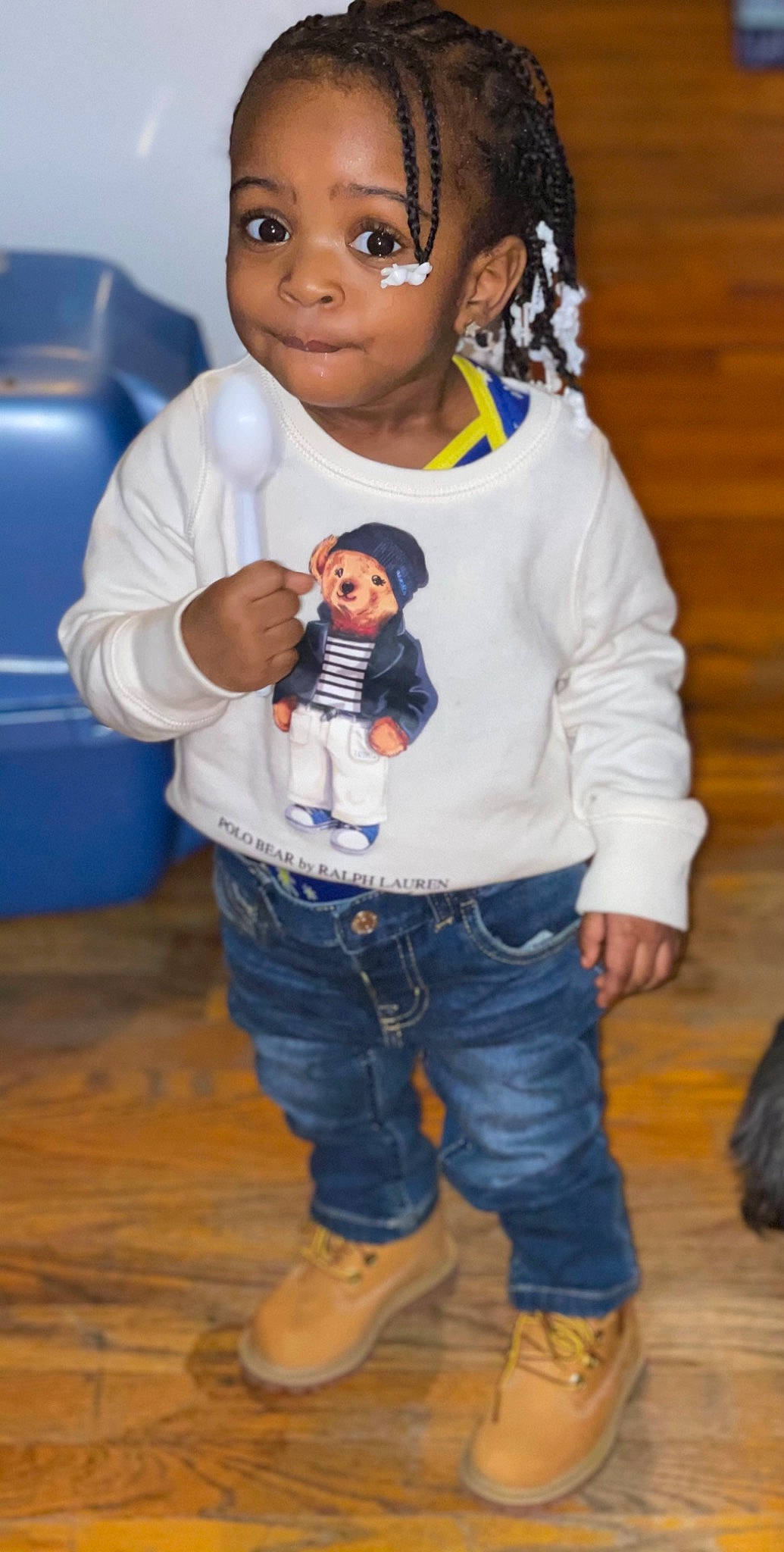 Lashawn is registered to the contest to win money with this photo: baby_toddler_clothing, blue, clothing, cool, denim, electric_blue, fawn, flooring, fun, happy, head, jeans, nose, person, skin, sleeve, standing, t_shirt, toddler, white