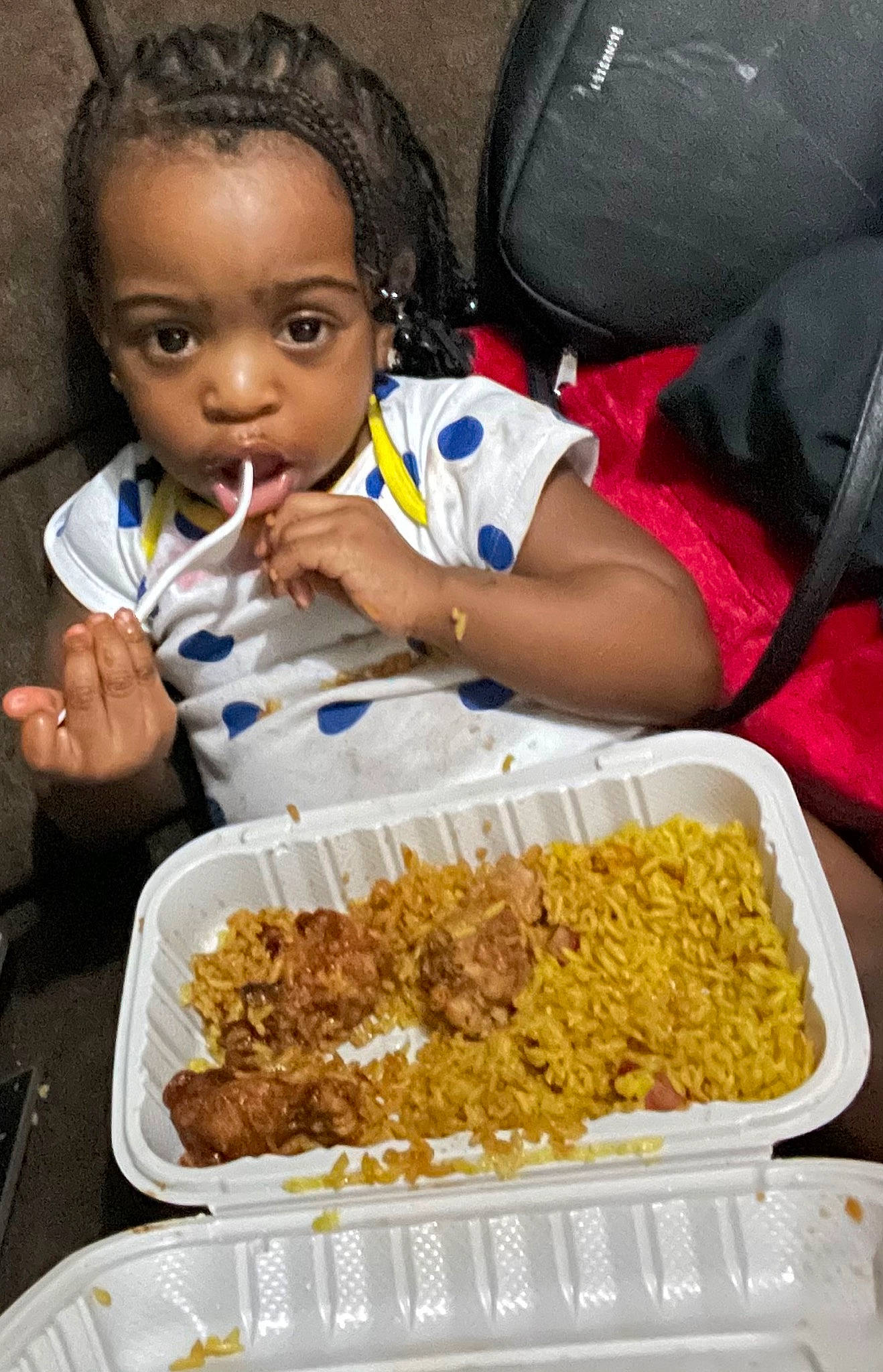 Lashawn is registered to the contest to win money with this photo: american_food, chair, child, chinese_food, comfort_food, cornrows, cuisine, dish, food, ingredient, junk_food, meal, mixture, person, recipe, sharing, side_dish, t_shirt, tableware, toddler