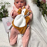 Inaya a rejoint le concours — aidez-le/la à gagner de superbes lots ! baby, infant, plush_toy, pink_onesie, blanket, flowers, milestone_card, soft_texture, cute, portrait, child, lying_down, indoors, newborn, cozy, adorable, face, hands, feet, expression