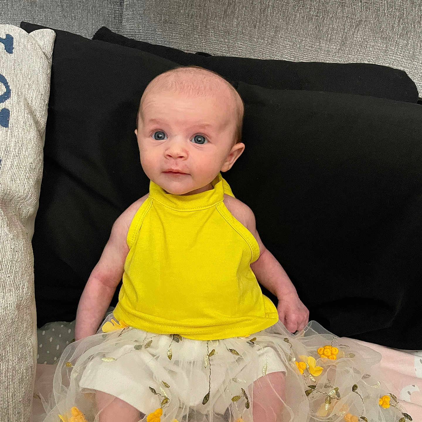 Liliana is registered to the contest to win money with this photo: baby, bodypart, clothing, couch, cushion, dress, face, finger, flower, furniture, hand, head, homedecor, newborn, person, photography, plant, portrait, sitting, skirt