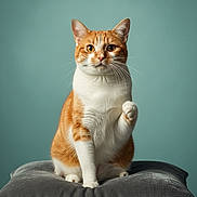 Pacha participe au concours pour gagner de l'argent avec cette photo : animal, background, cat, cushion, cute, domestic_cat, ears, eyes, feline, fur, gray_cushion, indoor, orange_cat, paw_raised, pet, portrait, sitting, teal_background, whiskers, white_cat